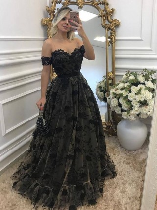 black lace with nude mesh off the shoulder evening dress