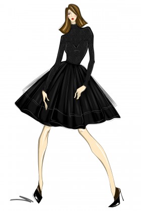 black long sleeve knee length dress sketch