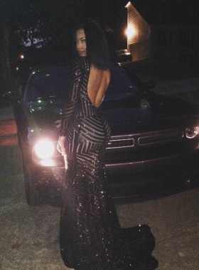 black sequin long sleeve open back mermaid prom dress