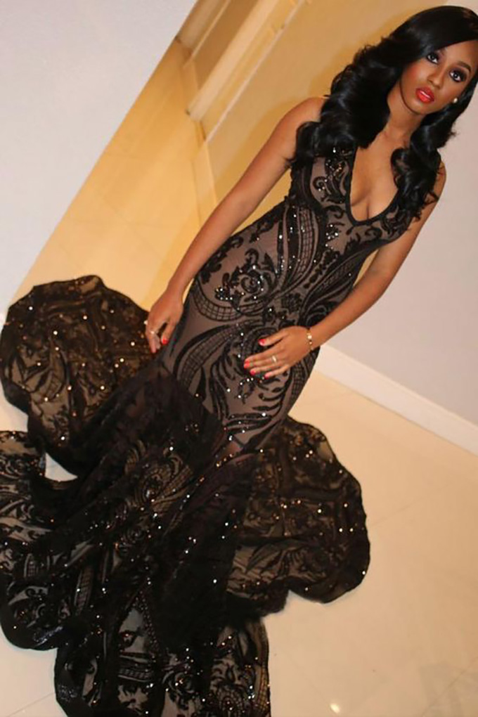 black sequin long train prom gown