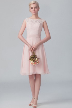 blushing pink lace and chiffon short bridesmaid dress