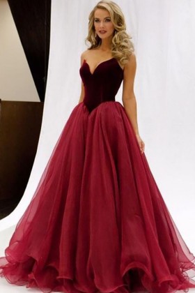 burgundy velvet red tulle basque waist prom dress