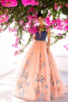 butterfly embellished designer navy peach formal dress