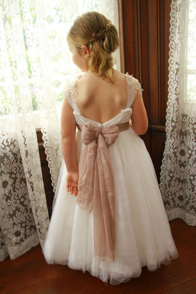 cap sleeve open back ivory lace flower girl dress