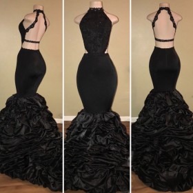 cascading ruffled black satin lace open back prom dress