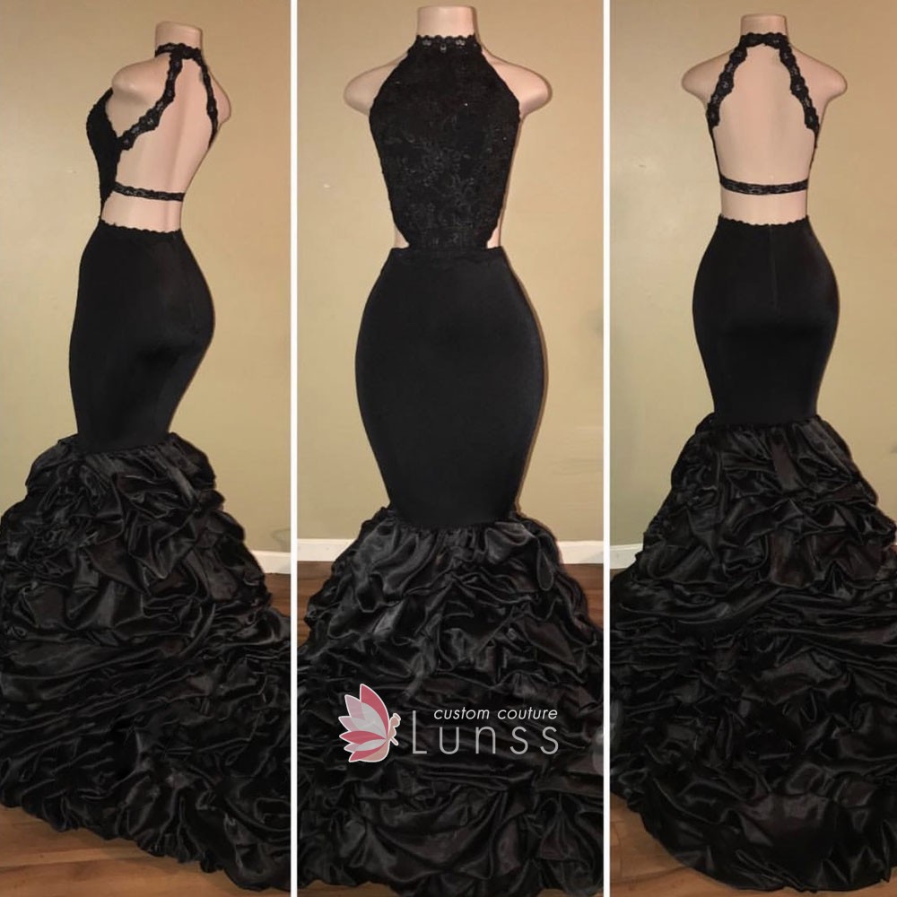 cascading ruffled black satin lace open back prom dress