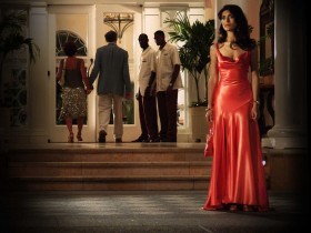 caterina murino salmon red evening dress casino royale
