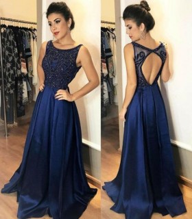 classy beaded navy blue satin open back long prom dress