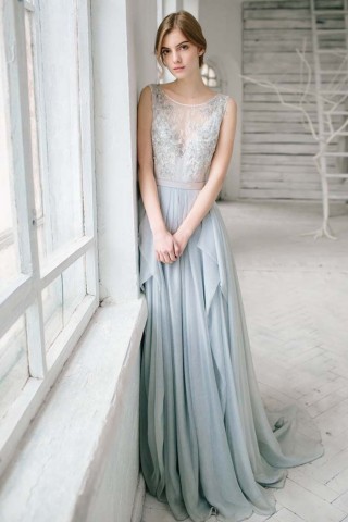 cool ice blue beaded lace ruffled chiffon evening dress