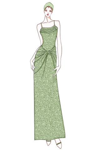 cowl neckline glitter green evening dress sketch