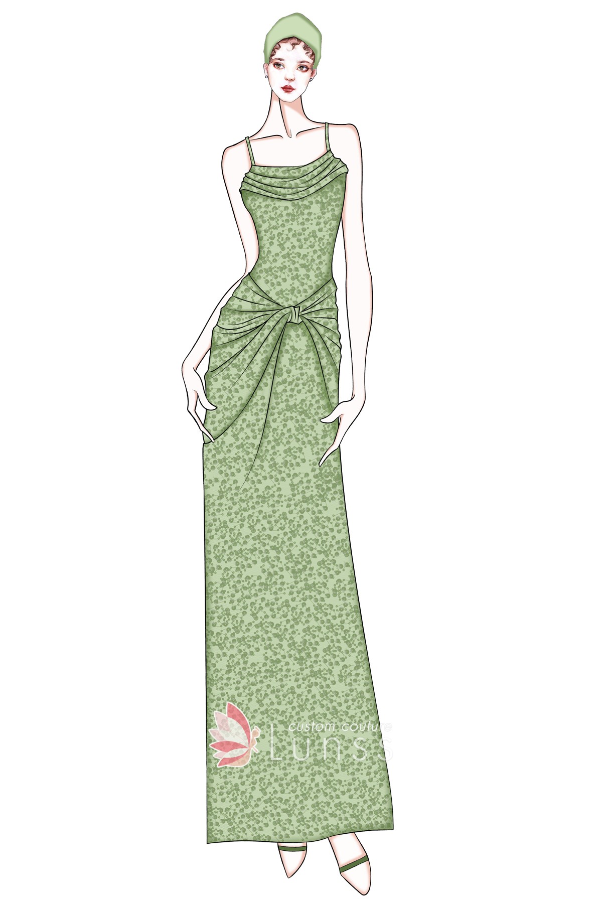 cowl neckline glitter green evening dress sketch
