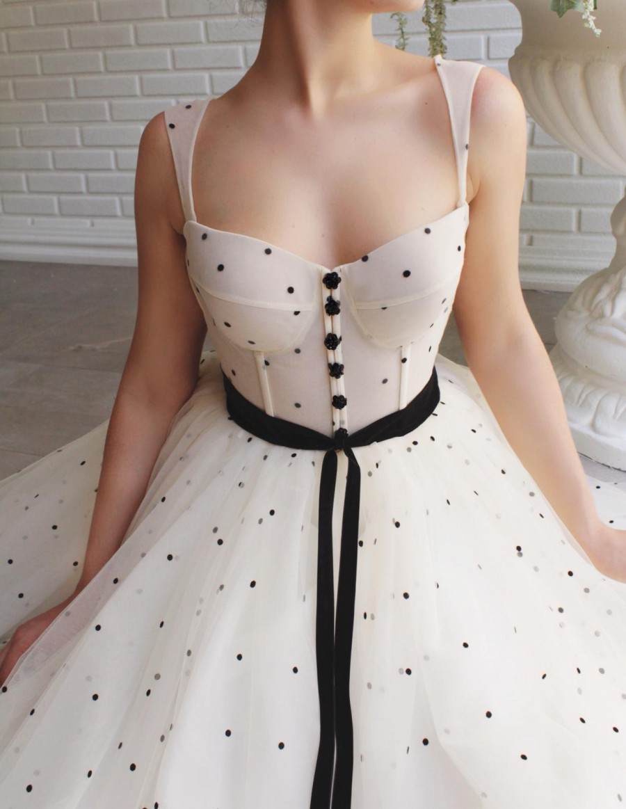 cream tulle black polka dots prom dress