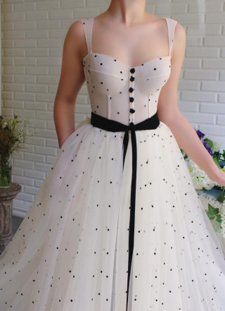 cream tulle with black polka dots corset prom dress