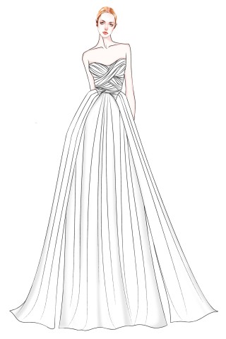 criss crossed strapless a line wedding dress sketch