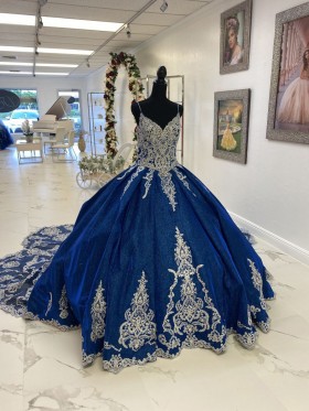 crystals beaded lace appliqued glittery blue ball gown