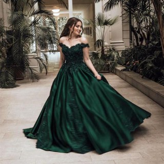 dark green lace and satin off the shoulder ball gown