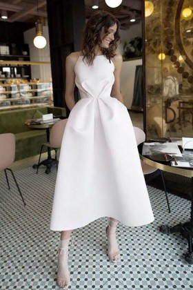 draped ivory satin puffy tea length bridal shower dress