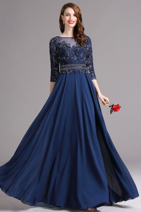 elegant beaded navy blue chiffon a line long evening gown