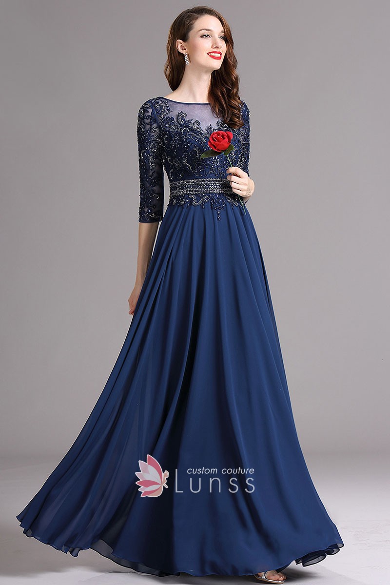 Elegant Beaded Navy Blue Chiffon A-line Long Evening Gown - Lunss