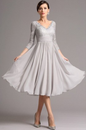 elegant gray lace and chiffon 34 sleeve tea length dress