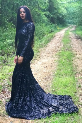 elegant long sleeve dark navy striped sequin prom dress