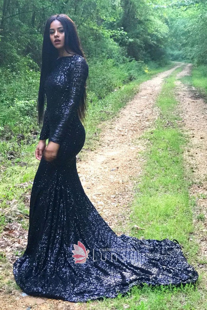 elegant long sleeve dark navy striped sequin prom dress
