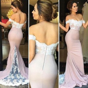 elegant white lace off the shoulder pink bridesmaid dress