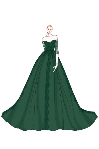emerald off the shoulder half sleeve ball gown sketch
