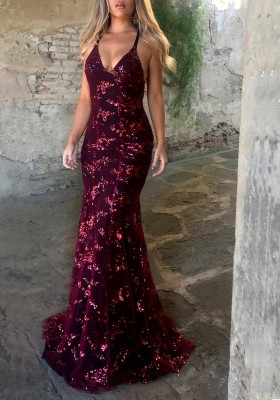 fancy wine floral sequin overlaid long evening prom dress