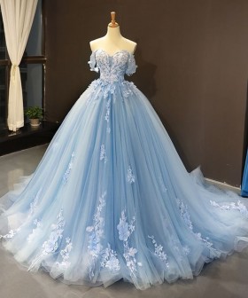 floral lace appliqued blue tulle floor length ball gown