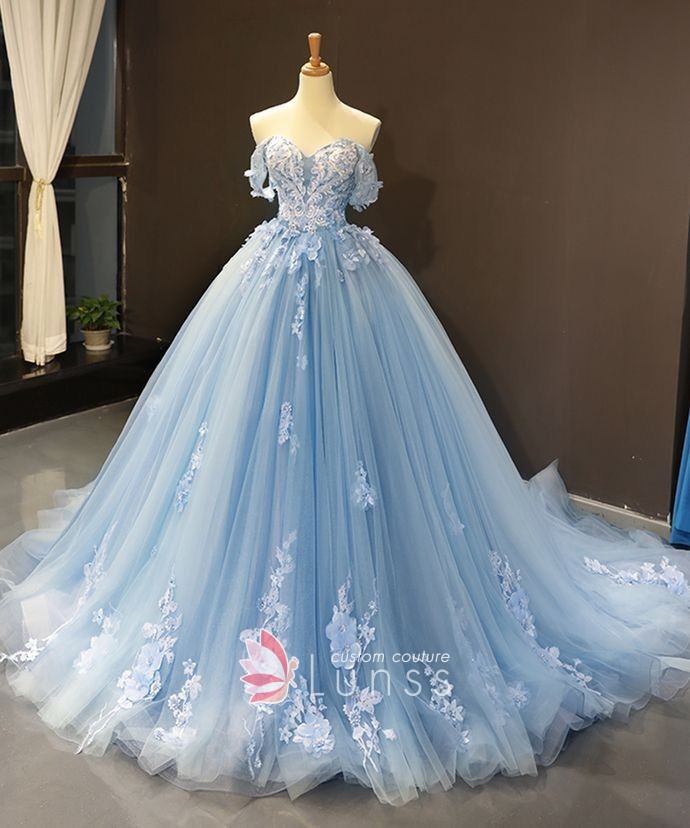 floral lace appliqued blue tulle floor length ball gown