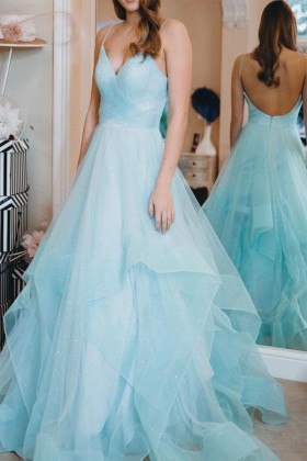 flounced ice blue glitter tulle v neck prom gown