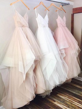 flounced tulle v neck spaghetti straps formal dress