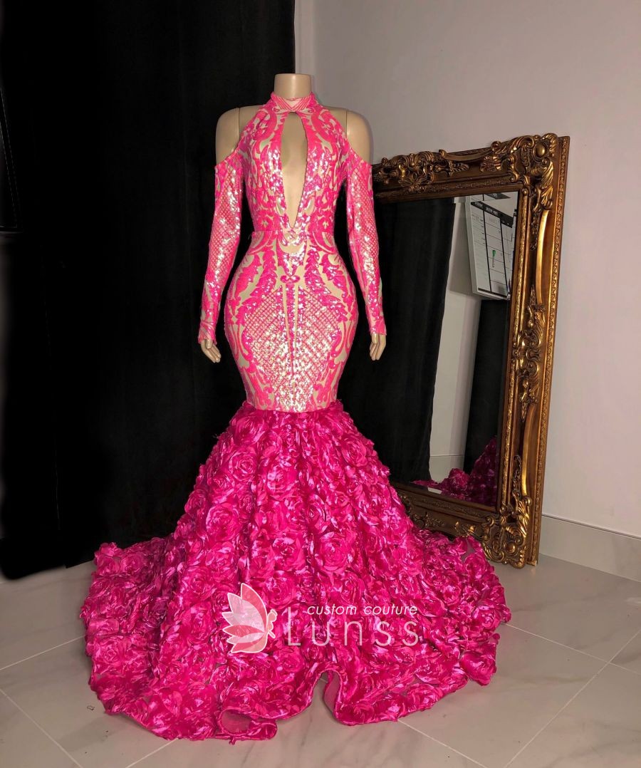 fuchsia sequin long sleeve trumpet 3D rosettes prom dress