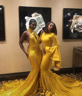 ginger yellow spandex bell sleeve long train prom dress