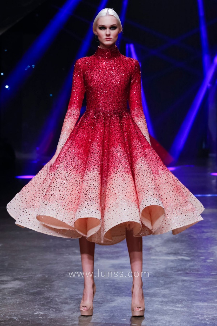 glitter ombre red tea length prom dress