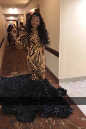 gold and black sequin 3d leaf african american prom dress