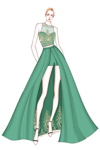 gold lace appliqued green two piece prom dress sketch