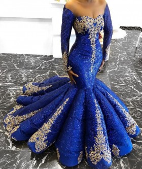 gold lace appliqued luxury glitter blue trumpet prom gown