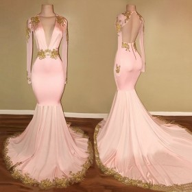gold lace appliqued pink open back mermaid prom dress
