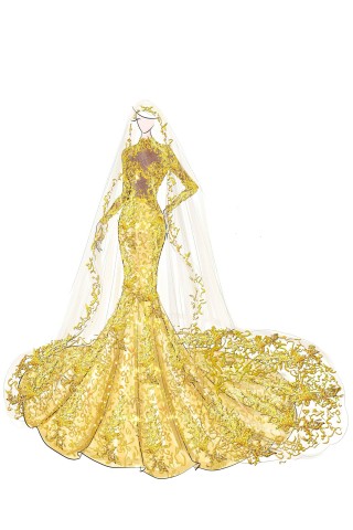 gold lace mermaid long sleeve long train dress sketch