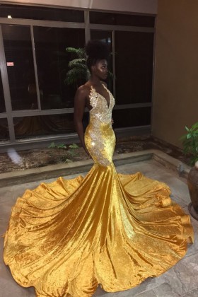 golden yellow shiny velvet long train mermaid prom dress