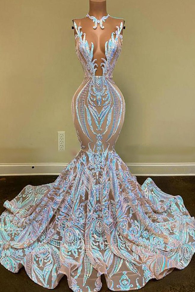 gorgeous iridescent sequence plunging neck prom dress