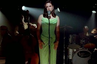 green glitter cowl neckline performance evening dress
