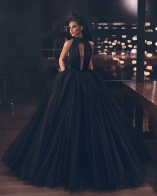high neck cut out bodice black ball gown