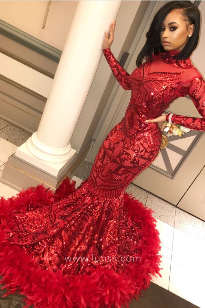 high neckline long sleeve red sequin and feather long train prom dress
