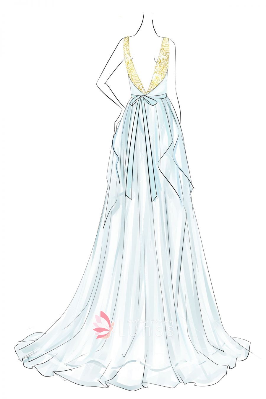 Ice Blue Ruffled Chiffon Long Evening Dress Sketch - Lunss