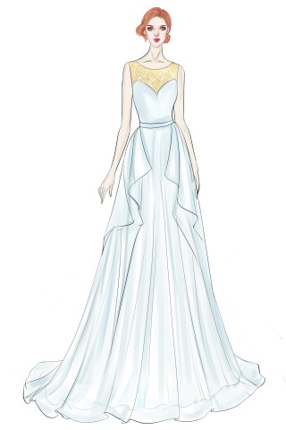 ice blue ruffled chiffon long evening dress sketch