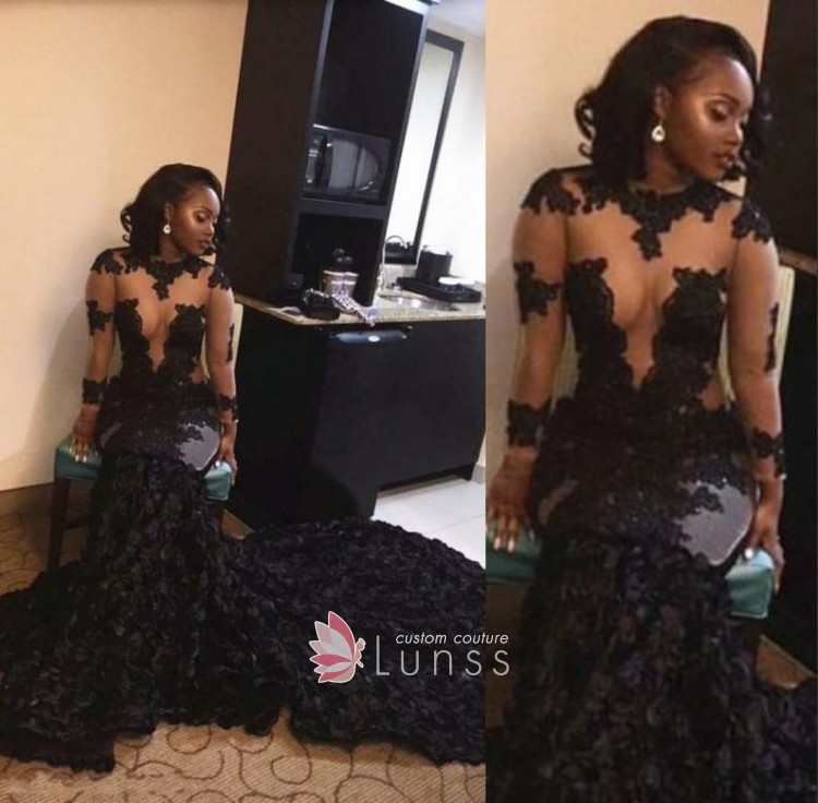 Illusion Sheer Black Lace Long Sleeve Slit Prom Dress - Lunss