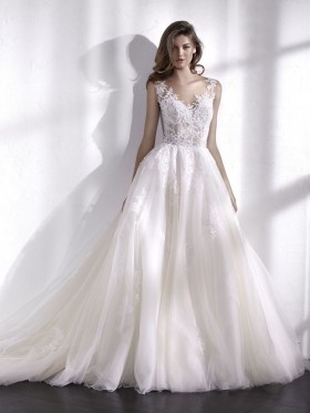 illusion jagged lace and tulle romantic wedding dress